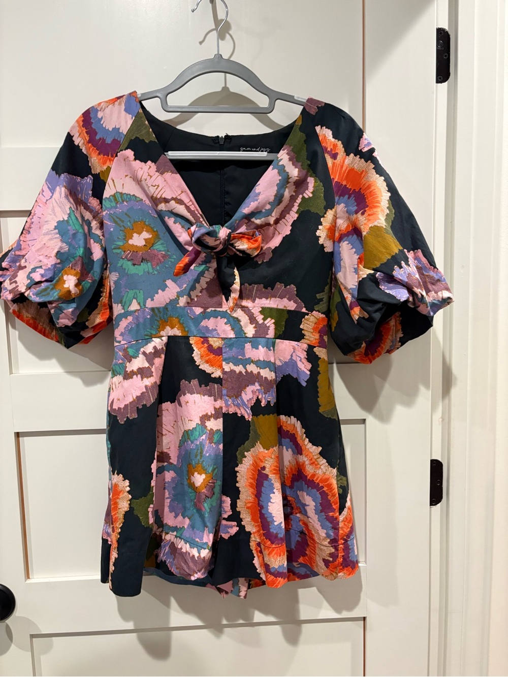 Floral Tie-Front Puff Sleeve Romper - Black Multi